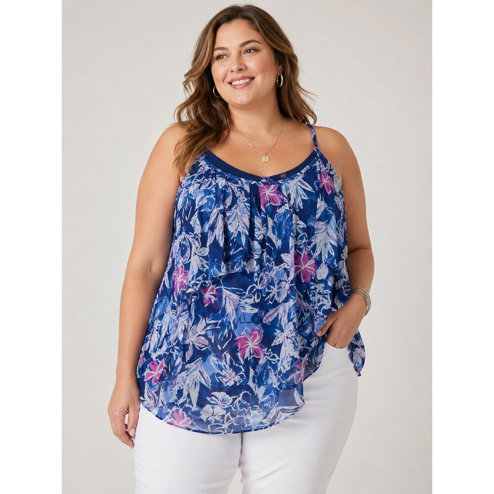 Lane Bryant Blue Floral Layered Chiffon Tank - Size 26/28 - Picture 2 of 10